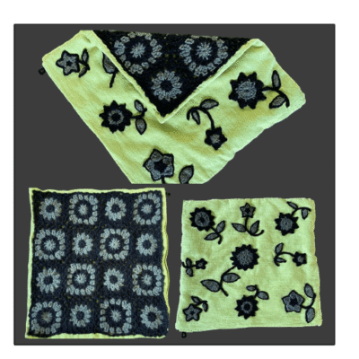 .Kleedje/kussenhoes gehaakte bloemen limoengroen/zwart/herfstgroen